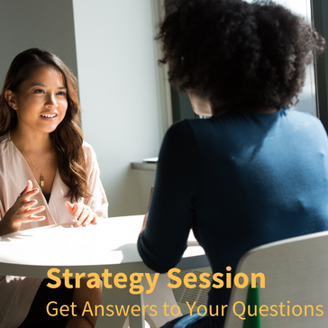Picture of two people sitting face to face, speaking. Text says: Strategy Session, build it right, from the start.
